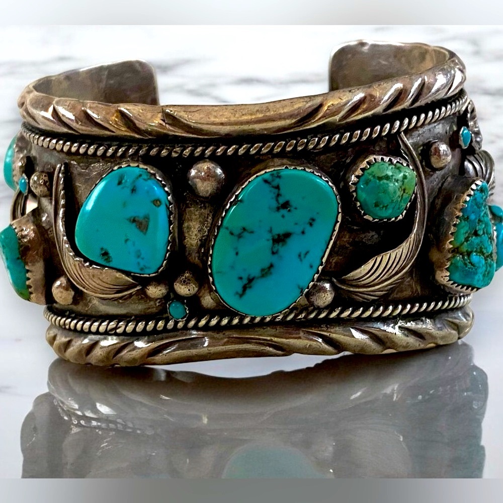 Massive Vintage Navajo Sterling Silver & Turquoise Cuff Bracelet Signed DUTOM! - Picture 11 of 16